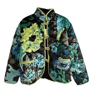 SIEDRÉS Dion Velvet Green and Blue Quilted Puffer Jacket with Floral Design